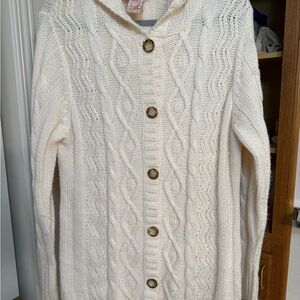 Cozy Cable Knit White Sweater with hood size Large